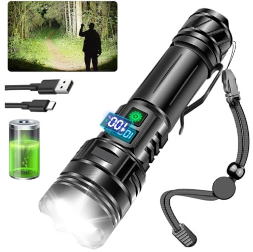 NAKCNM Torch Rechargeable with LCD Power Display & 5000mAh Battery Powered, Torches LED Super Bright 20000 Lumens Adjustable Focus 5 Light Modes Powerful Torch for Dog Walking Camping Emergency