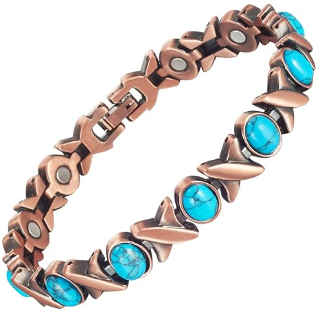 EnerCoppeX Magnetiska koppararmband för kvinnor och män med starka magneter, inläggningar turkos, armband av 99,99 % ren solid koppar, smyckesgåva