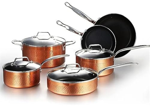 10-delad nonstick keramisk induktionskokkärl Set Reptåliga grytor och kastruller set med lock, diskmaskinssäker ugn, hamrad kopparHM070