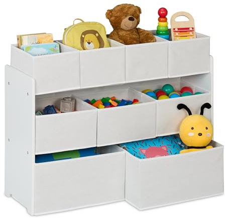 Relaxdays Kinderregal mit 9 Stoffboxen, HxBxT: 60 x 92 x 30 cm, Spielzeugschrank Kinderzimmer, Kinderkommode, weiß