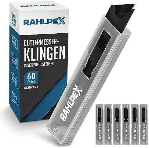 Rahlpex 60 x Cuttermesser Klingen 18mm extra scharf und langlebig. Abbrechklingen für Teppichmesser inklusive Schiebedispenser mit Karbonstahl Klingen Cuttermesser, schwarz (60 Stück)