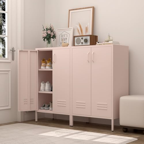 GREATMEET Metal Locker Storage Cabinet, Pink Accent Storage Cabinet, Metal Pantry with Doors for Living Room,Kitchen,Office