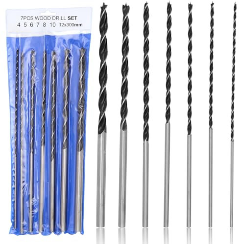 WJMY 7-Teiliges Set Holzbohrer Lang Profi, Ø4mm,5mm,6mm,7mm,8mm,10mm,12mm x 300mm, Schlangenbohrer, Spiralbohrer, Balkenbohrer, Schalungsbohrer für Harthölzer, Sperrholz, Weichhölzer