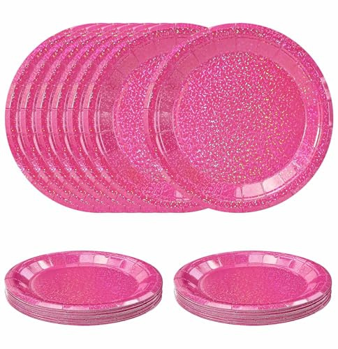 SietDESEO 50 PCS Iridescent Hot Pink Paper Plates 7 Inch Dessert Plates Holographic Hot Pink Disposable Plate for Birthday Party Dinner Wedding Baby Shower Glitter Cake Plate