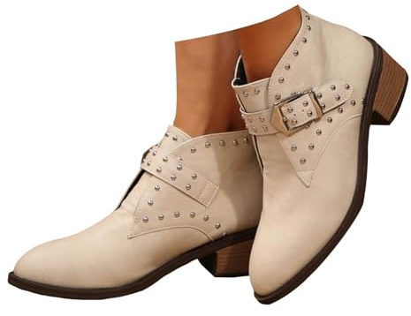 Xbemkste Women's Ankle Boots with Heel Adjustable Buckle Ankle Boots Short Shaft Boots Elegant Women's Boots Ankle Boots Short Cowboy Boots Casual Winter Shoes, beige, 8.5 UK