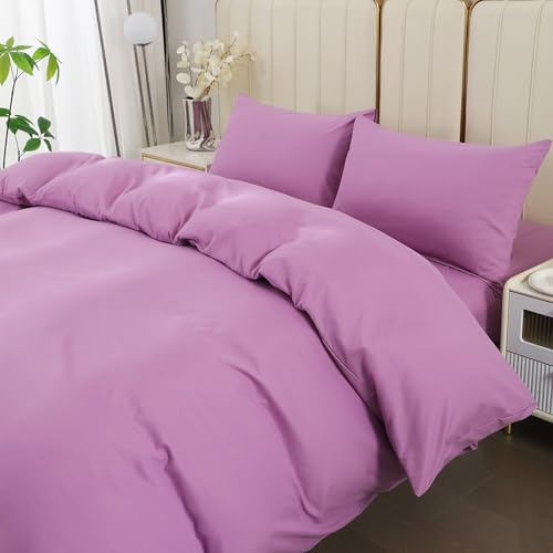 DECODEKO Juego Funda Nórdica 4 Piezas para Cama 135 - Funda Nordica 220x220cm, Bajera 135x200cm, 2 Fundas Almohada 50x75cm, Color Rosa Violeta, Microfibra Suave Transpirable