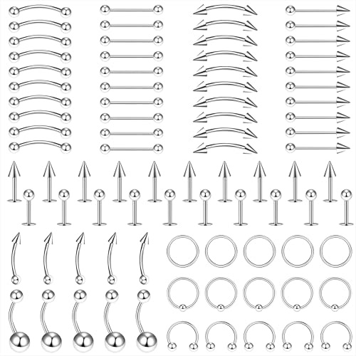 Qzakce Piercing Schmuck Kit Barbells für Körper, Nase, Ohren, Bauch, Lippen, Brustwarze, Augenbrauen und Knorpel Körperpiercing Kit für Damen Männer 85 Stück
