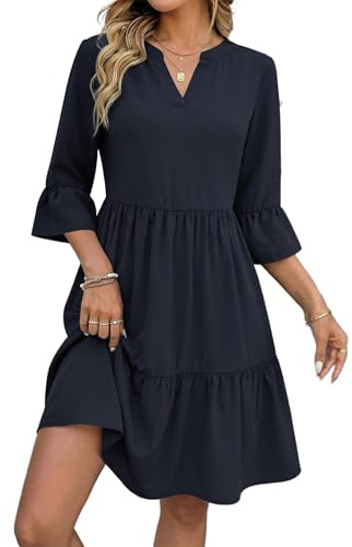 Zeagoo Robe Femme d'été à Manches 3/4 Robes Col en V Longueur Genou Ample | Robe femme Chic et Elegant | Robe Décontractée | Robes Trapeze A-Line | avec Poches | Couleur Unie/Floral