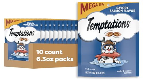 Temptations Cat Treats Classic Crunchy and Soft Cat Treats, Savory Salmon Flavor, 6.3 oz. Pouch (Pack of 10)