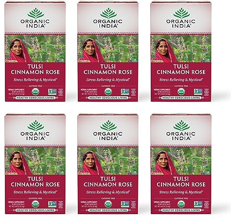 ORGANIC INDIA Tulsi Cinnamon Rose Tea Bags - Tulsi Rose Tea Bags, Cinnamon Tea Bags with Holy Basil, Chamomile, Stevia, USDA Certified Organic Caffeine Free Herbal Tea - 18 Infusion Bags, 6 Pack