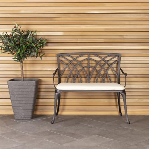 Charles Bentley Black Cast Aluminium, Outdoor, Rustic, Bench, For Patio, Garden, Balcony, Decking, Furniture, 2 Seater, with Cream Seat Cushion, Rustproof, Stylish, Bronze Finish (98x89x55cm)