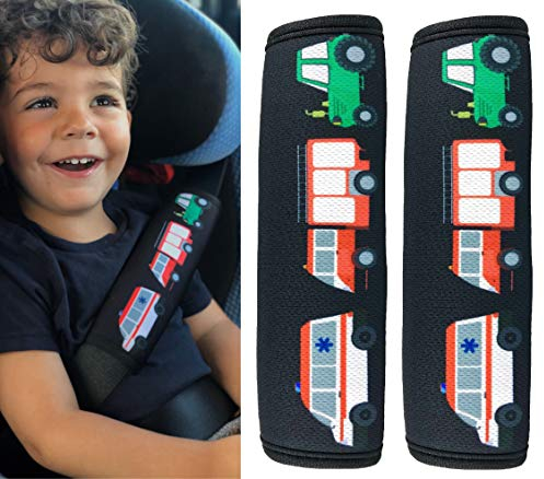HECKBO 2x Kinder Auto Gurtpolster Gurtschutz mit Feuerwehr, Traktor, Krankenwagen Motiv - Sicherheitsgurt Polster für Kinder und Babys- Ideal für jeden Gurt Autositzerhöhungen Kinder Fahrradanhänger