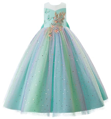 YOSICIL Filles Robe Princesse Mariage Robe Longue en Applique Tulle Communion Anniversaire Costume pour Enfant Cosplay Anniversaire Fête de Cape Brillante Déguisement avec Accessoires,Vert,120