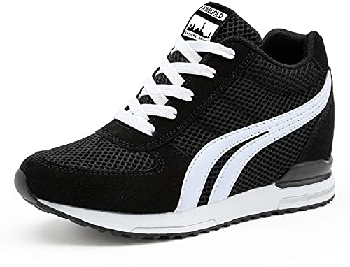 AONEGOLD Womens Hidden Wedges Shoes High Heeled Lightweight Mesh Sneakers Casual Walking Shoes Tennis Chic(Size 37, BK)