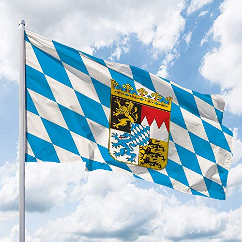 Bayern Flagge – 150 x 100 cm für Fahnenmast, Bayern Fahne mit Wappen & Raute, Hissflagge aus reißfestem Fahnen-Polyester-Stoff, wetterfest und UV-beständig