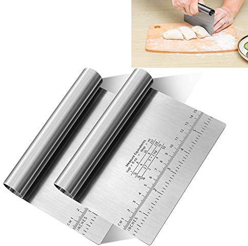 Pro Dough Pastry Scraper/Cutter/Chopper Stainless Steel Mirror Polished with Measuring Scale Multipurpose- Cake, Pizza Cutter - Pastry Bread Separator Scale Knife 2PCS
