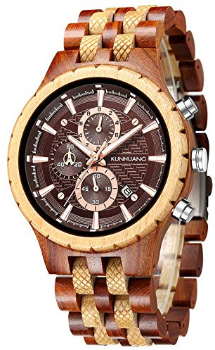 XIRUVE Montre en Bois pour Homme Quartz Imperméable Calendrier Chronographe