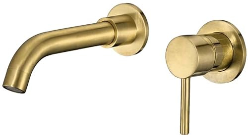 VALAZ Robinet Salle Bain Mural | Mitigeur Lavabo, Mélangeur Eau Froide et Chaude, Pas de Fuites, Installation Facile | Laiton, Inoxydable, Doré Brossé Protecion PVD, Rond, Bec 15 cm, Série Gualquivir