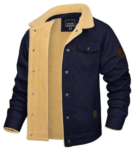 KEFITEVD - Giacca invernale da uomo in pile con tasche cargo, calda, in cotone spesso, militare, con revers, blu navy, M