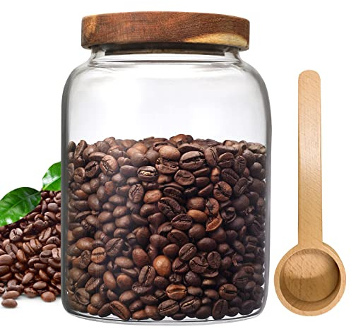 OULOVECO Glass Coffee Storage Jar with Lids Scoop Round Glass Coffee Ground Containers Borosilicate Glass Food Canister for Cereals Oats Beans Nut Sugar Candy Spice Rice Tea