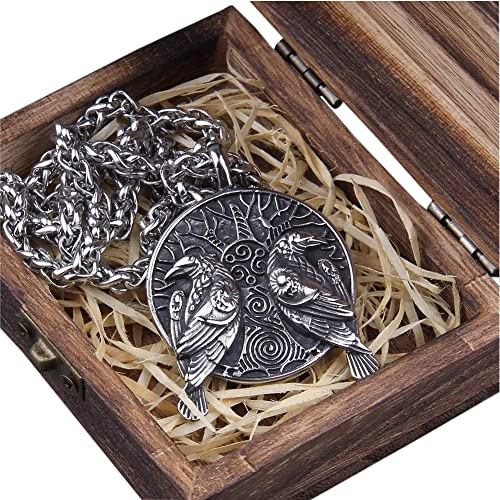 Collar Colgante de Cuervo Vikingo Odín, Amuleto Mitología Nórdica Acero Inoxidable Plateado para Hombres, Cadena de 60 Cm Regalo Joyería Celta Caja de Madera
