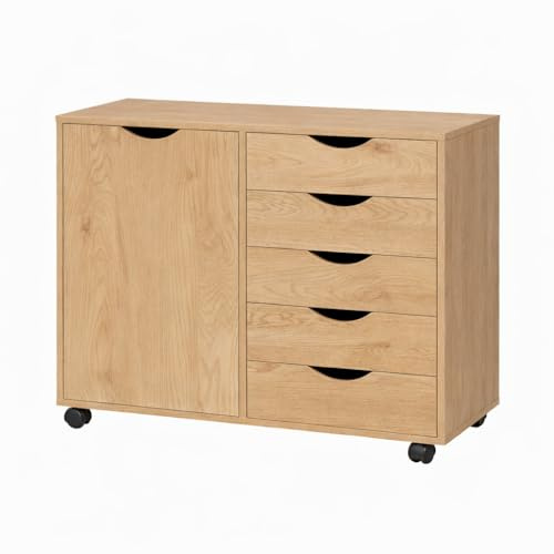Naomi Home Wooden 5 Drawer Dresser with Cabinet Shelves and Wheels, Drawer Dresser for Bedroom Closet and Dressing Room Storage in Natural
