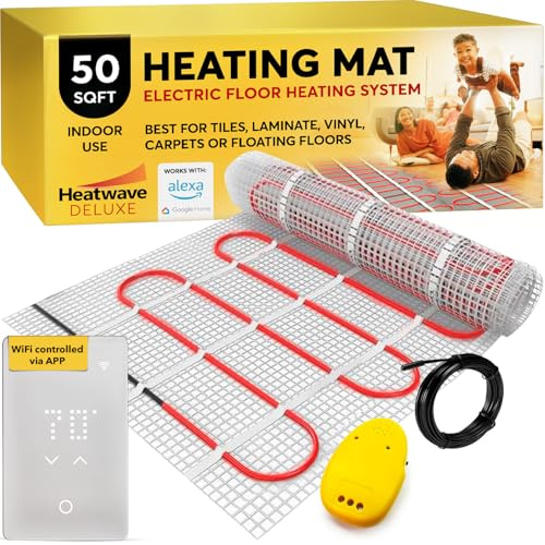 Deluxe Heated Floor System - 50 Sqft, 5 Amps, 600 Watts, 120V Underfloor Electric Heating System, Heated Floor Mat, Radiant Heaters for Indoor Use WiFi LED App Controlled Thermostat, Sensor & Alarm