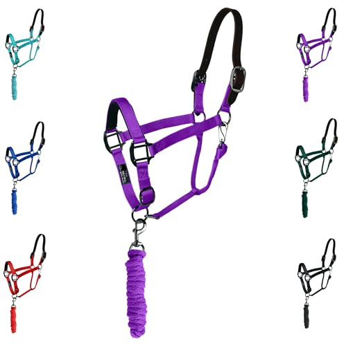 Majestic Ally Cabestro de cuero con cuerda de plomo a juego para caballos - Corona de cuero separable - Correa de barbilla ajustable - Pestillo de garganta enrollado - Muserola acolchada - Completo