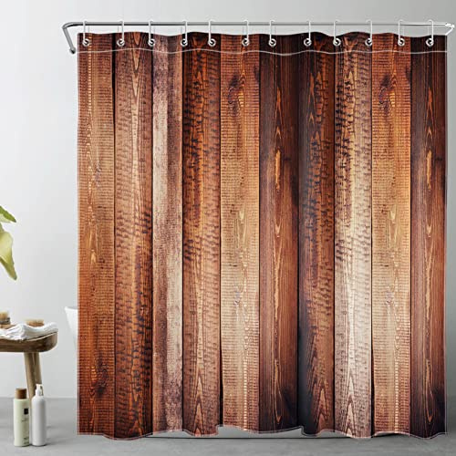 LB Braunes Holz Duschvorhang 180x200cm(BxH) Bauernhaus Scheunentür Antischimmel Wasserdicht Badezimmer Vorhänge, Retro Rustikal Extra Lange Polyester Stoff Bad Vorhang mit Haken