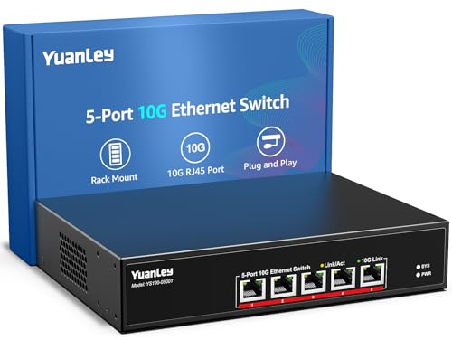 YuanLey 5 Port 10G Ethernet Switch, 5 x 10Gbps RJ45 Ports, Support 10G/5G/2.5G/1G/100Mbps Speed Auto-Negotiation, 100Gbps Switching Capacity, Unmanaged Switch Rackmountable, Plug and Play