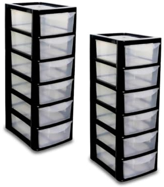 Khanary Plastic Storage Drawers Unit 6 Tier Small mini Tower Homes, Kitchen, Schools, Offices Plastic Drawer Organizer Desktop Table Top Drawers Stationary 26Dx19Wx60H (2, 6 Drawer Black Clear)