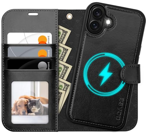 OCASE for iPhone 16 Case, Detachable 2 in 1 PU Leather Wallet Case with RFID Blocking, Wireless Charging, Card Holders, Kickstand, Shockproof Removable Phone Cover, Black