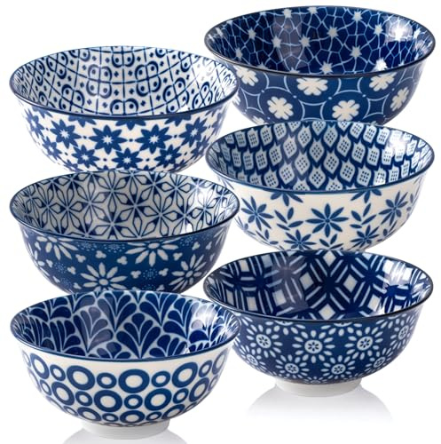 AntoKueh 15cm/6in Big Blue and White Ceramic Bowls, 660ml/23oz Large Cereal Bowls Set of 6 for Salad, Soup, Pasta, Noodle, Dessert, Fruit, Reman, Sturdy for Dishwasher & Microwave