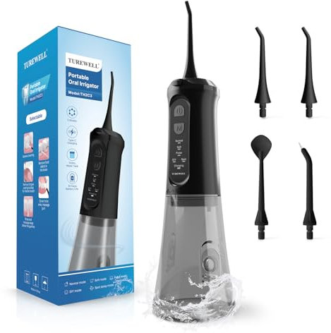 TUREWELL Idropulsore Dentale Portatile 310ML con 5 Modalità, 4 Ugelli, Irrigatore Orale Ricaricabile IPX7 Impermeabile per Casa e Viaggio, Migliora la Salute Dentale