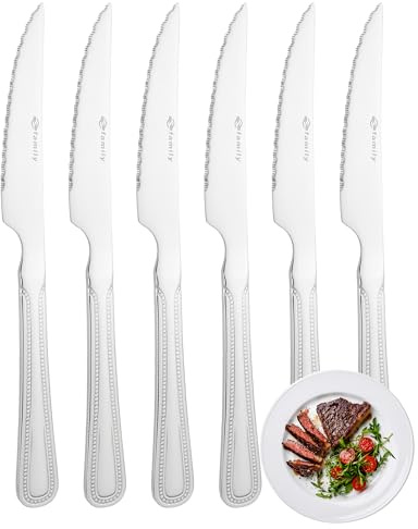 FAMILY Pack 6 Cuchillo de Carne 21.5x2CM Acero Inoxidable Diseño Punto, Elegancia y Funcionalidad para Cada Ocasión, Cubiertos de Alta Gama para Hogar y Restaurante
