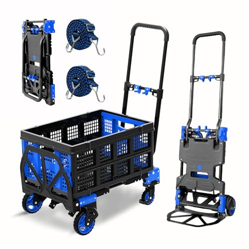 2-in-1 Hand Truck Dolly with Folding Basket, 330LB Heavy Duty Carrying Portable Handtruck, Folding Hand Dolly with 4 Wheels&Retractable Handle for Moving, Luggage, Shopping, Office