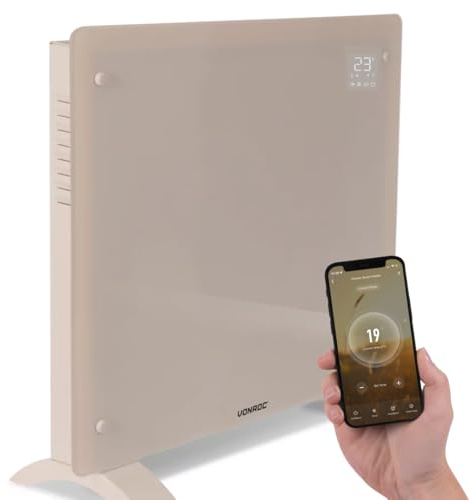 VONROC Chauffage Électrique 1000W - Panneau Verre Beige- Wi-Fi & Manuel - LED, Thermostat, Minuterie, Sécurité Enfants - Silencieux, Convecteur Design pour Pièces jusqu’à 12m²
