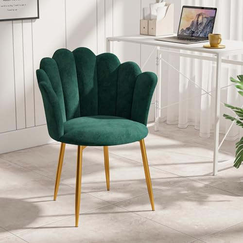 Luxstein - Sedia da trucco, poltrona in velluto con gambe in metallo dorato, elegante sedia a conchiglia, poltrona imbottita per soggiorno, comodo seggiolone, poltrona con braccioli dal design moderno