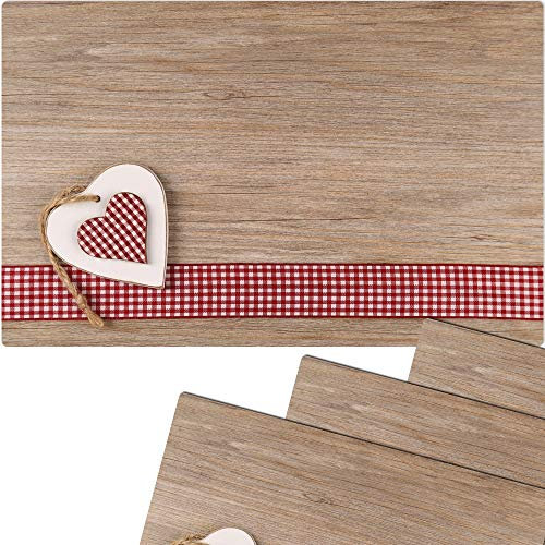 Tischsets 4er als abwaschbare Tischdeko im Landhaus Stil - Platzsets Herzen und Holzoptik als Tischuntersetzer in 43 cm - Platzdeckchen als Tischunterlage für Esstisch Wohnzimmer Tisch