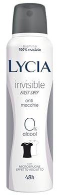 Lycia, Invisible Deodorante Spray Antimacchia con Antibatterico, Formula Fast Dry Asciuga Rapidamente, Non Lascia Macchie o Aloni sui Vestiti, Efficacia fino a 48H, 150 ml