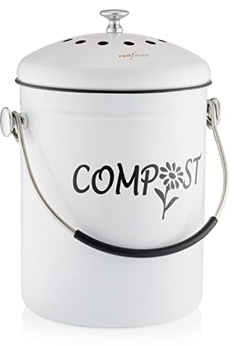 RED FACTOR Deluxe Seau Compost Inodore en Acier Inoxydable pour Cuisine - Poubelle Compost Cuisine - Comprend Filtres à Charbon de Rechange (Designer Blanc, 5 litres)
