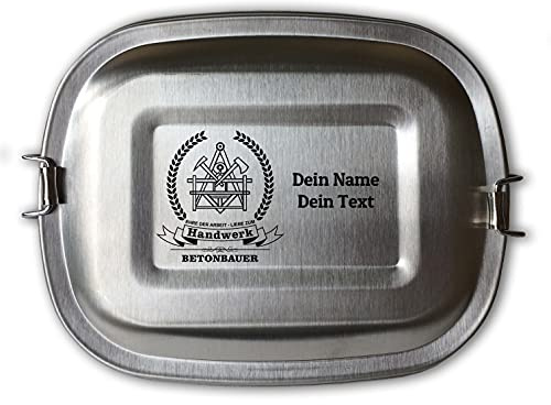 elbedruck Edelstahl Brotdose Lunchbox Erwachsene mit Gravur Zunftsymbol Betonbauer und Wunschgravur Dein Name personalisiert in 3 Größen auch als Set (Lunchbox Betonbauer groß)
