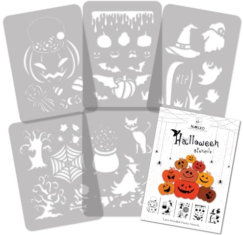 NAKLEO Plantillas de Halloween para Pintar, 5 Piezas 21x30cm Calabaza Árbol Gato Bruja Murciélago, Patrónes Plástico y Reutilizable para Dibujar, Stencil DIY Decoración Ventana Pared Muebles Madera