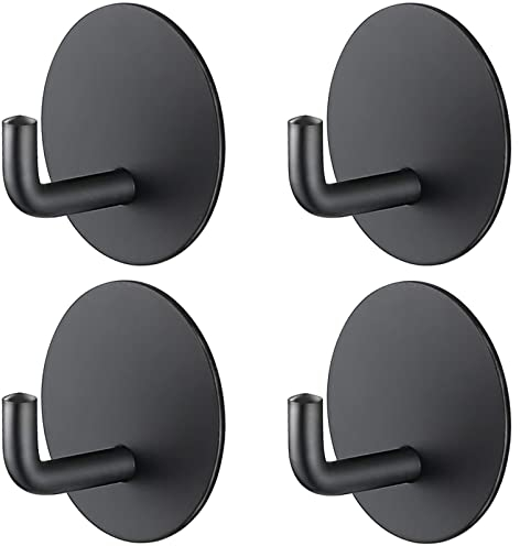 RouMio 4 Piezas Gancho adhesivo impermeable, Gancho de toalla de acero inoxidable 304 para cocina, baño, inodoro.(4 Piezas Negro Redondo)