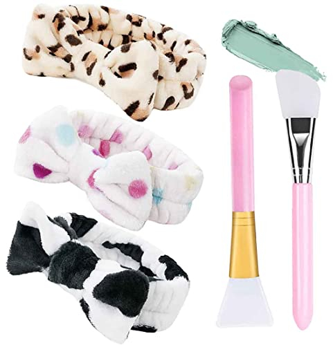 Makeup Haarband, FUKPO 3 Stück Damen Kosmetik Haarband Bowknot Stirnband mit 2 Silikonpinsel Maskenpinsel Gesicht, Haarbänder Schleife Elastisch Spa Haarreif für Gesichtsreinigung Schönheit Yoga