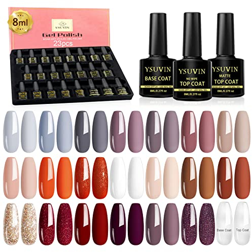 YSUVIN UV Nagellack 23 Stück, Gel Nagellack Unterlack Überlack Set, Nude Natur Weiß Orange Rot Grau Braun Glitzer Gel Soak-off UV Gellack für Anfänger Zuhause Salon Maniküre Kit, 8ML