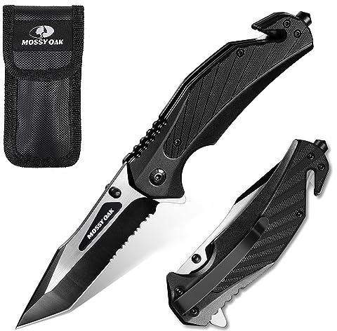 MOSSY OAK Folding Pocket Knife with Aluminium Alloy & G10 Handle, 4.75 Tactical Knife with Tungsten Steel Glass Breaker, Seatbelt Cutter, Belt Clip, Survival Knife for Emergency, Outdoor, Camping