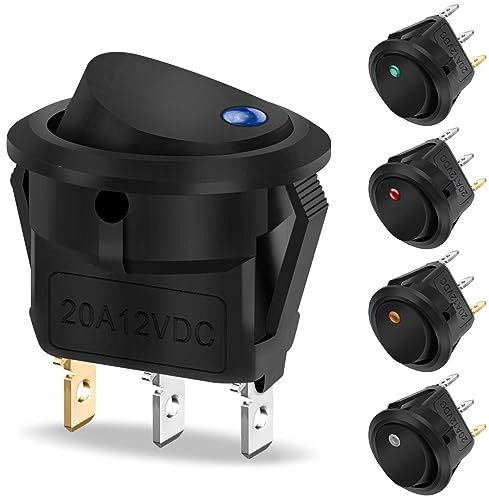 5 Stück Wippschalter 12v DC 20A, Hanibos Kippschalter 12v Beleuchtet Rund mit 5 LED Farbe KFZ Einrastbare mit Selbsthemmung Runde Schalter für Auto, Boot, Haushaltsgeräte