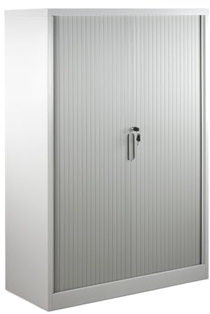 Brigros - Armadietto Metallo Scaffale Con Ante Scorrevoli, Armadio Salvaspazio Per Ufficio O Archivio, Armadio Con Serranda In Acciaio Con Serratura (100x45x150, Grigio)