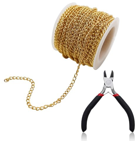 TXS 33 Feet Chain for Jewellery Making with Jewelry Pliers Jewellery Making Chains for Jewellery Making Stainless Steel Chain Link Chain Gold with Spool Necklace Chains for Jewellery Making 4X2.7mm